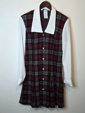 Vintage D.B.Y. Ltd Plaid Collared Dress Red Gray Academia Mod Schoolgirl Size 7